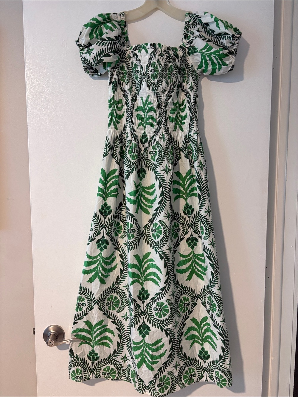H&M White & Green Puff-Poplin-Sleeve Midi Dress- Small- NWOT